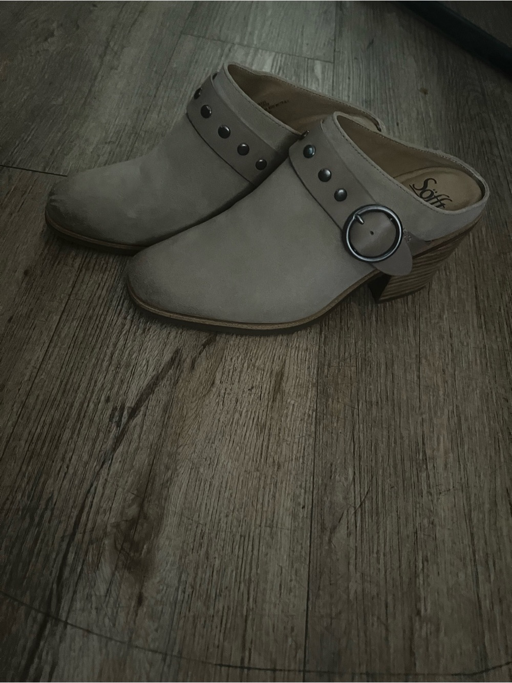 Sofft Taupe Suede Mule with Studded Strap & Round Buckle